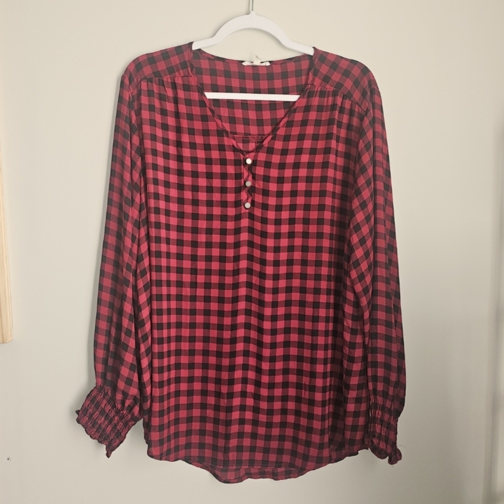 Maurice's Red and Black Buffalo Check Print Lightweight Longsleeve Blouse‎